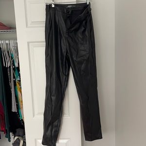 Tall Black Tie Detail Faux Leather Trousers